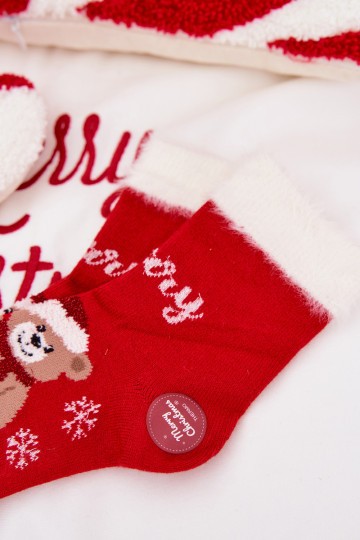 Vianočné ponožky deti s kožušinou I plyšové medvedem I INełna Alpaka červená