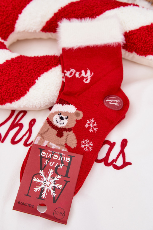 Vianočné ponožky deti s kožušinou I plyšové medvedem I INełna Alpaka červená