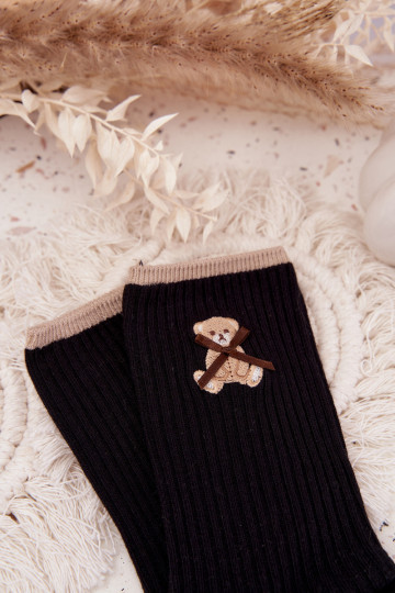 Bavlnené ponožky s pruhmi S medveďom čierna