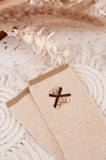 Bavlnené ponožky s pruhmi S medveďom béžová