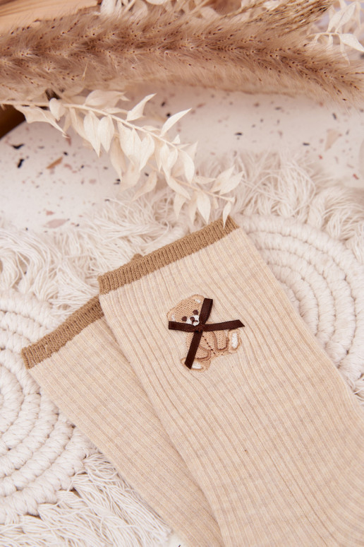 Bavlnené ponožky s pruhmi S medveďom béžová