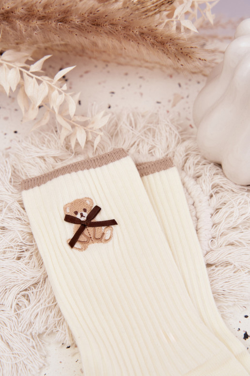 Bavlnené ponožky s pruhmi S medveďom slonovina