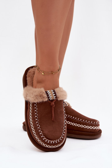 Papuče Dámske s kožušinou I Haftem Hnedá farba Perivelle 2