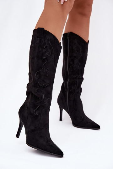 dámske čižmy s tenkými podpätkami kovbojský štýlz eko semišuu čierna Belonia