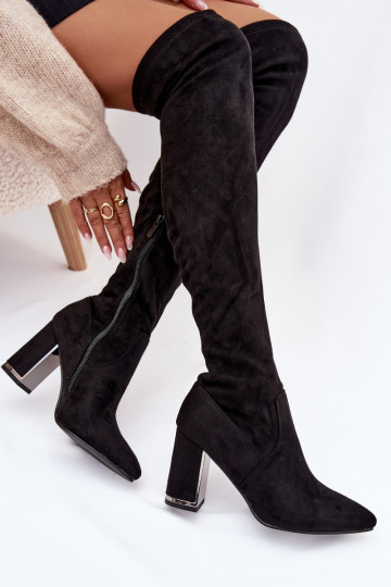 dámske čižmy z eko semišuoIne nad kolenom s podpätkami čierna Thamine