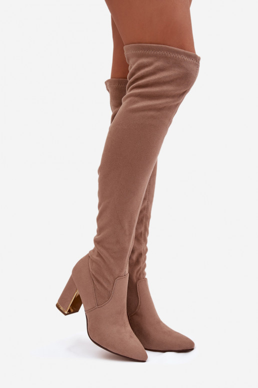 dámske čižmy z eko semišuoIne nad kolenom s podpätkami béžová Thamine