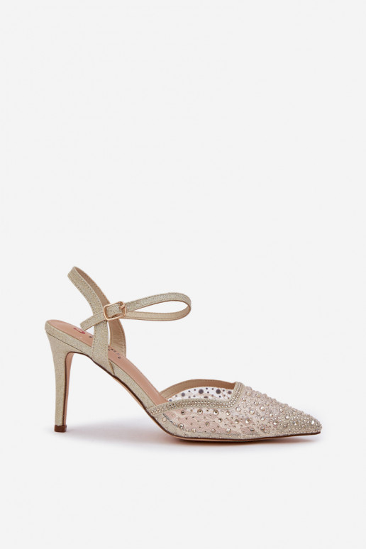 Dekorované lodičky s otvorenou pätou v zlatej farbe Nadra