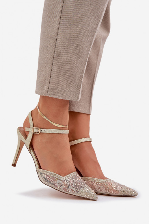 Dekorované lodičky s otvorenou pätou v zlatej farbe Nadra