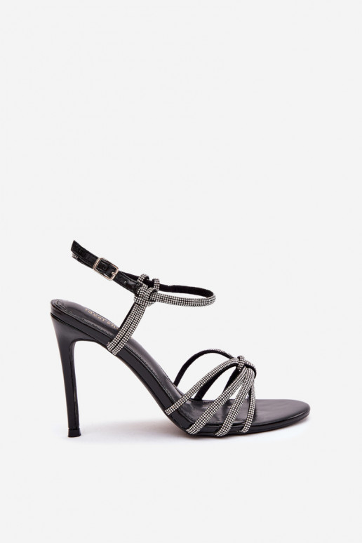 Dámske sandále s tenkými podpätkami S pruhmi A zirkóny čierna Tanelle