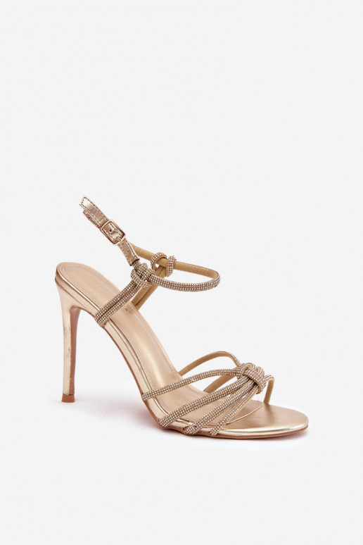 Dámske sandále s tenkými podpätkami S pruhmi A zirkóny zlatej farby Tanelle