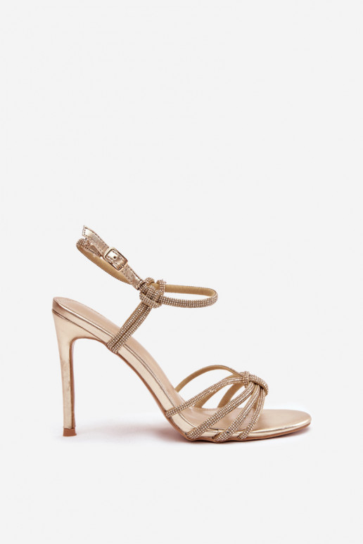 Dámske sandále s tenkými podpätkami S pruhmi A zirkóny zlatej farby Tanelle