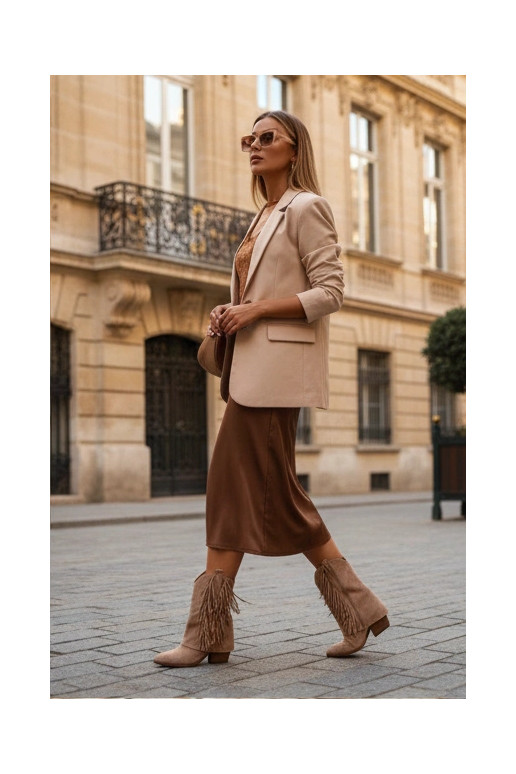 Chaki dámske cowboyské čižmy s třásňami a podpätkami Gralina