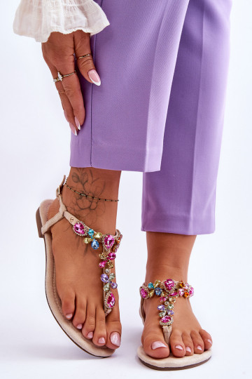 Semišové sandále Plážové šľapky s kamienkovou výzdobou béžová Frency