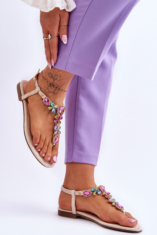 Semišové sandále Plážové šľapky s kamienkovou výzdobou béžová Frency