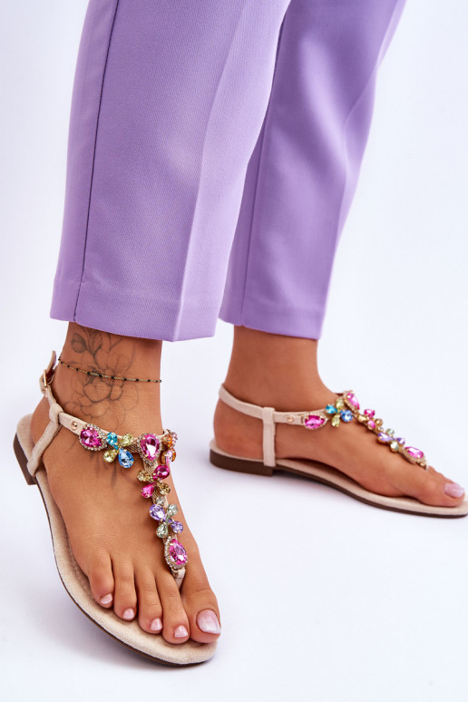 Semišové sandále Plážové šľapky s kamienkovou výzdobou béžová Frency