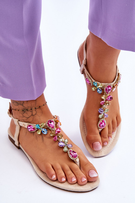 Semišové sandále Plážové šľapky s kamienkovou výzdobou béžová Frency