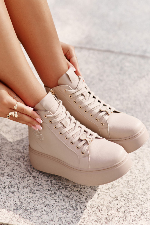 Vysoká Kožené Tenisky model obuvi Dámske s platformou Vinceza 66707 béžová
