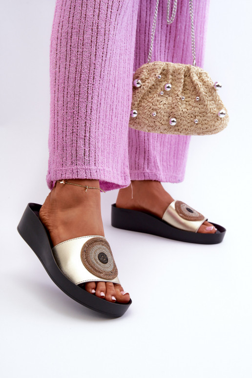 Kožené papuče Dámske s ozdobami S.Barski KV27-019 zlatej farby