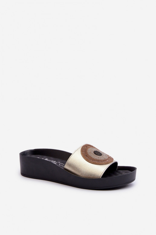 Kožené papuče Dámske s ozdobami S.Barski KV27-019 zlatej farby