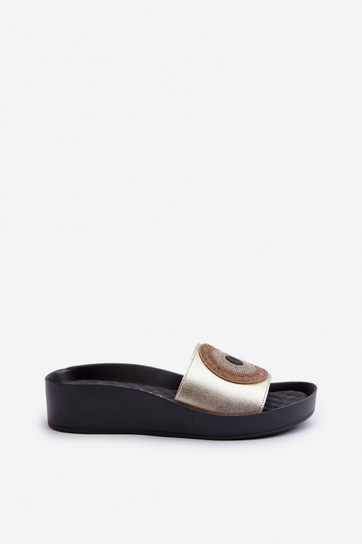 Kožené papuče Dámske s ozdobami S.Barski KV27-019 zlatej farby