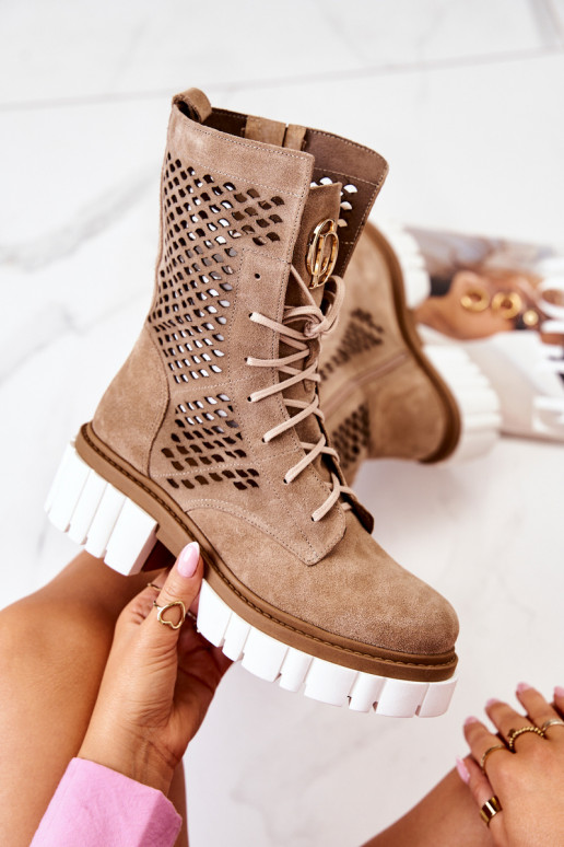 Kožené Vysoká Pracovné členkové topánky Nicole Hnedá farba 2706