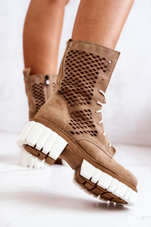 Kožené Vysoká Pracovné členkové topánky Nicole Hnedá farba 2706