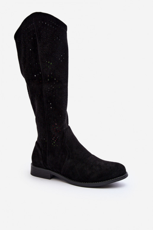 S.Barski HY66-150 s prvkami prelamovania čižmy so širokými podpätkami čierna