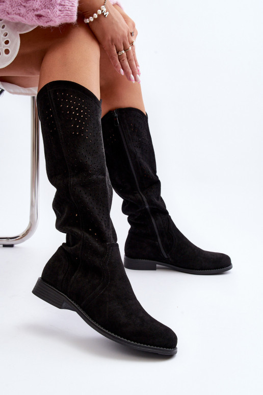 S.Barski HY66-150 s prvkami prelamovania čižmy so širokými podpätkami čierna