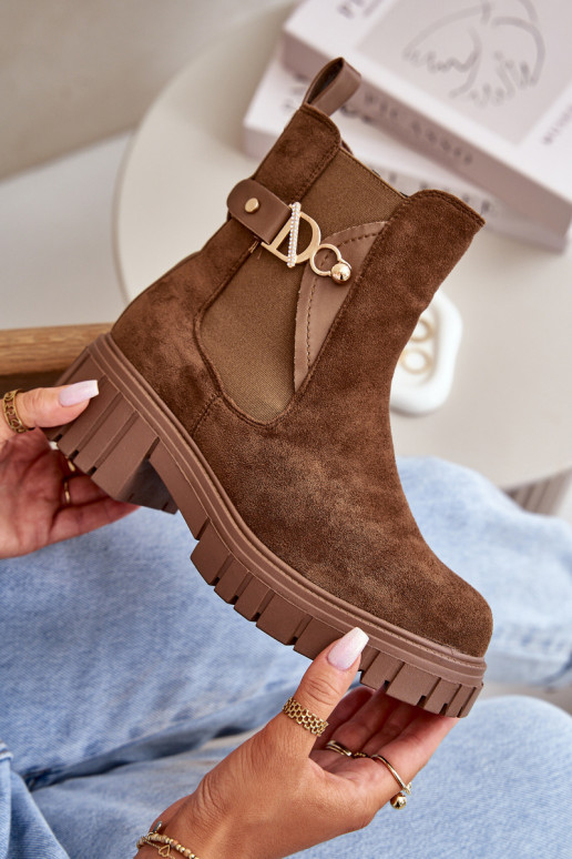 zahriať sa Dámske čižmy Ze zlatej farbym Detalem z eko semišuoIne Hnedá farba Bervena