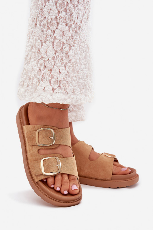 Dámske papuče s platformou Ze zlatej farbymi s prackamimi Hnedá farba Verena