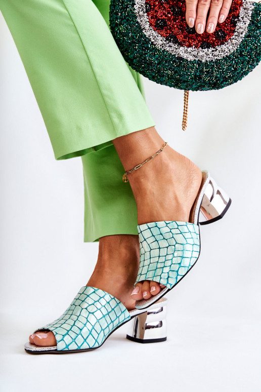 Kožené papuče Dámske Krokodílí vzor s podpätkami svetlo zelená Perry