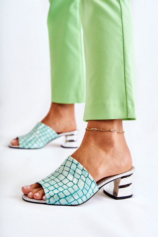 Kožené papuče Dámske Krokodílí vzor s podpätkami svetlo zelená Perry