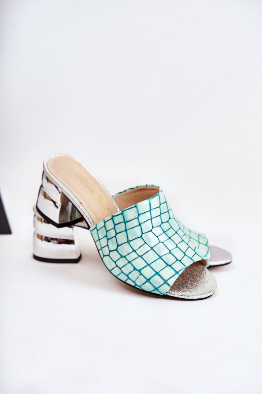 Kožené papuče Dámske Krokodílí vzor s podpätkami svetlo zelená Perry