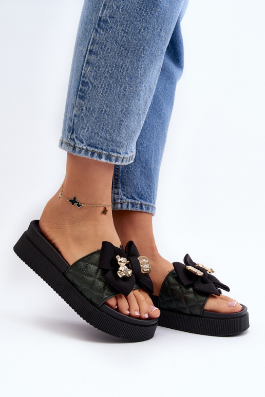 Dámske Papuče so stuhami i plyšové medvedem čierna Katterina