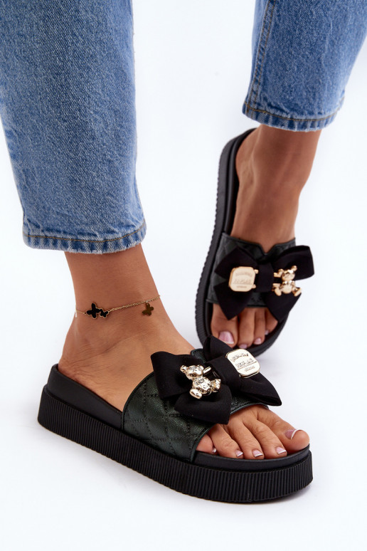 Dámske Papuče so stuhami i plyšové medvedem čierna Katterina