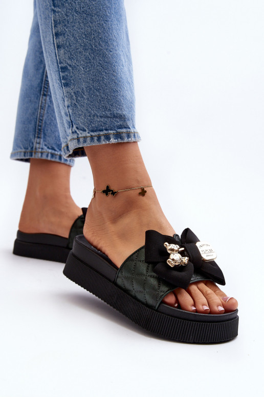 Dámske Papuče so stuhami i plyšové medvedem čierna Katterina