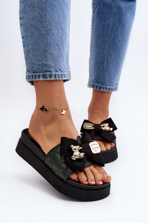 Dámske Papuče so stuhami i plyšové medvedem čierna Katterina