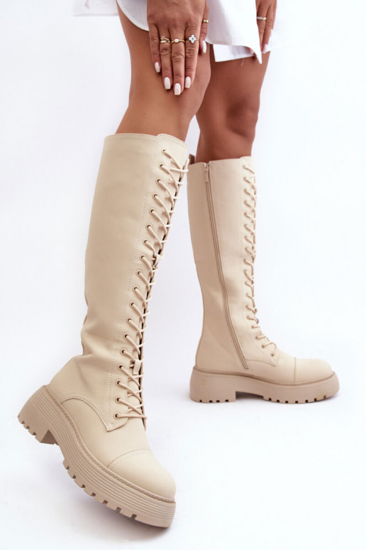 so šnúrkami zahriať sa čižmy perleťové topánky Pred kolenom béžová Bergdis