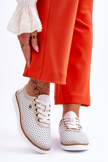 Módne Kožené Prelamované topánky Športový štýl biely-zlatej farby Cantare