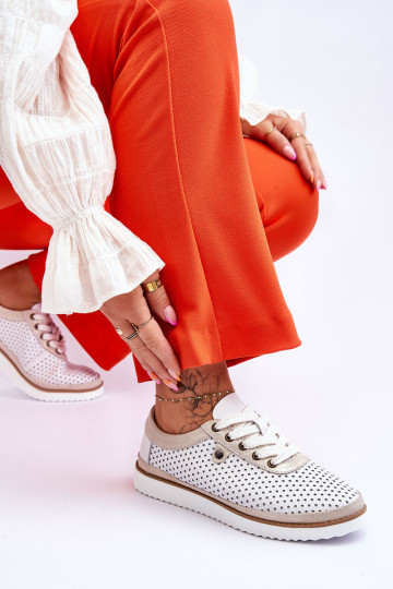 Módne Kožené Prelamované topánky Športový štýl biely-zlatej farby Cantare 2