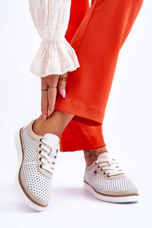 Módne Kožené Prelamované topánky Športový štýl biely-zlatej farby Cantare