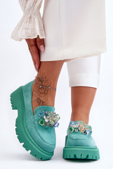 Dámske mokasíny s umelými kryštálmi zelená farba Avril 2