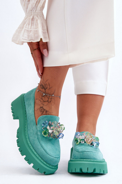 Dámske mokasíny s umelými kryštálmi zelená farba Avril