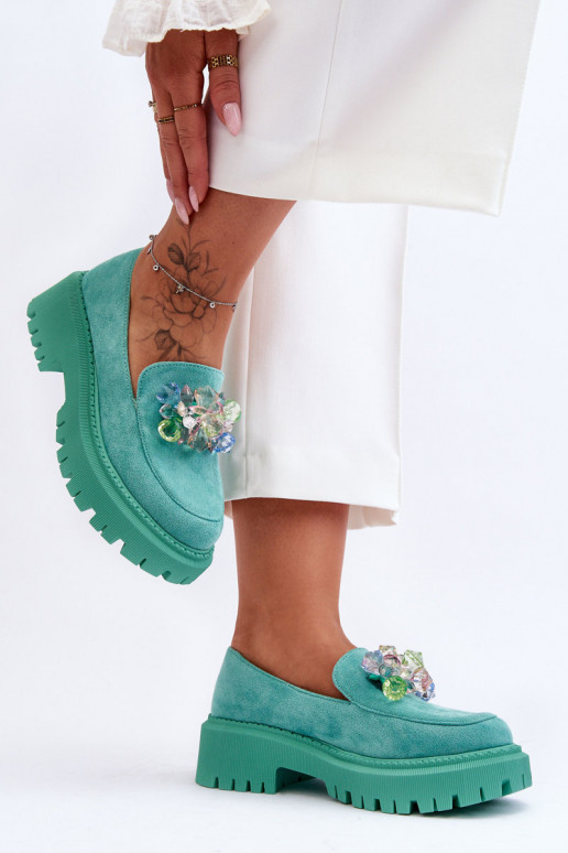 Dámske mokasíny s umelými kryštálmi zelená farba Avril