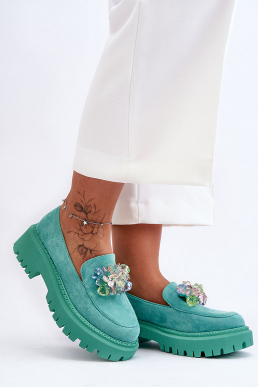 Dámske mokasíny s umelými kryštálmi zelená farba Avril