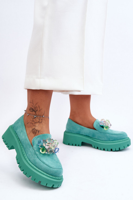 Dámske mokasíny s umelými kryštálmi zelená farba Avril