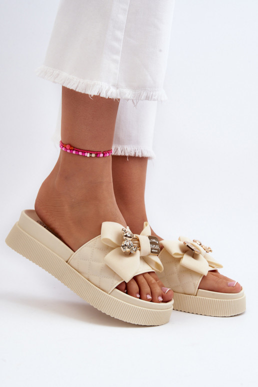 Dámske Papuče so stuhami i plyšové medvedem béžová Katterina