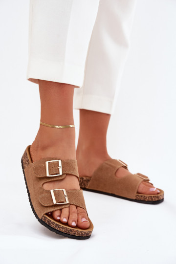 Dámske papuče Ze zlatej farbymi s prackamimi I Przeszyciami Hnedá farba Lunera 2