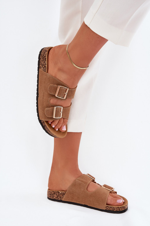 Dámske papuče Ze zlatej farbymi s prackamimi I Przeszyciami Hnedá farba Lunera