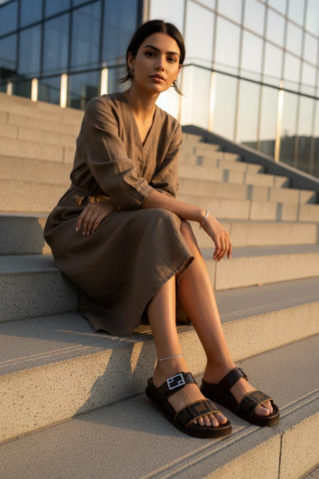 Dámske papuče so zlatými sponami, hnedé 2